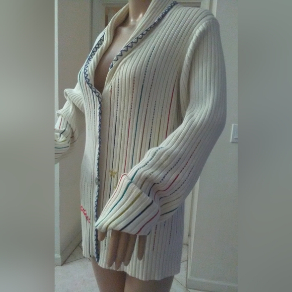 VINTAGE CREAM CARDIGAN BEAD WORK & UNIQUE STITCHING BY CRAZY HORSE SZ.LG BEAUTY! - Picture 3 of 10